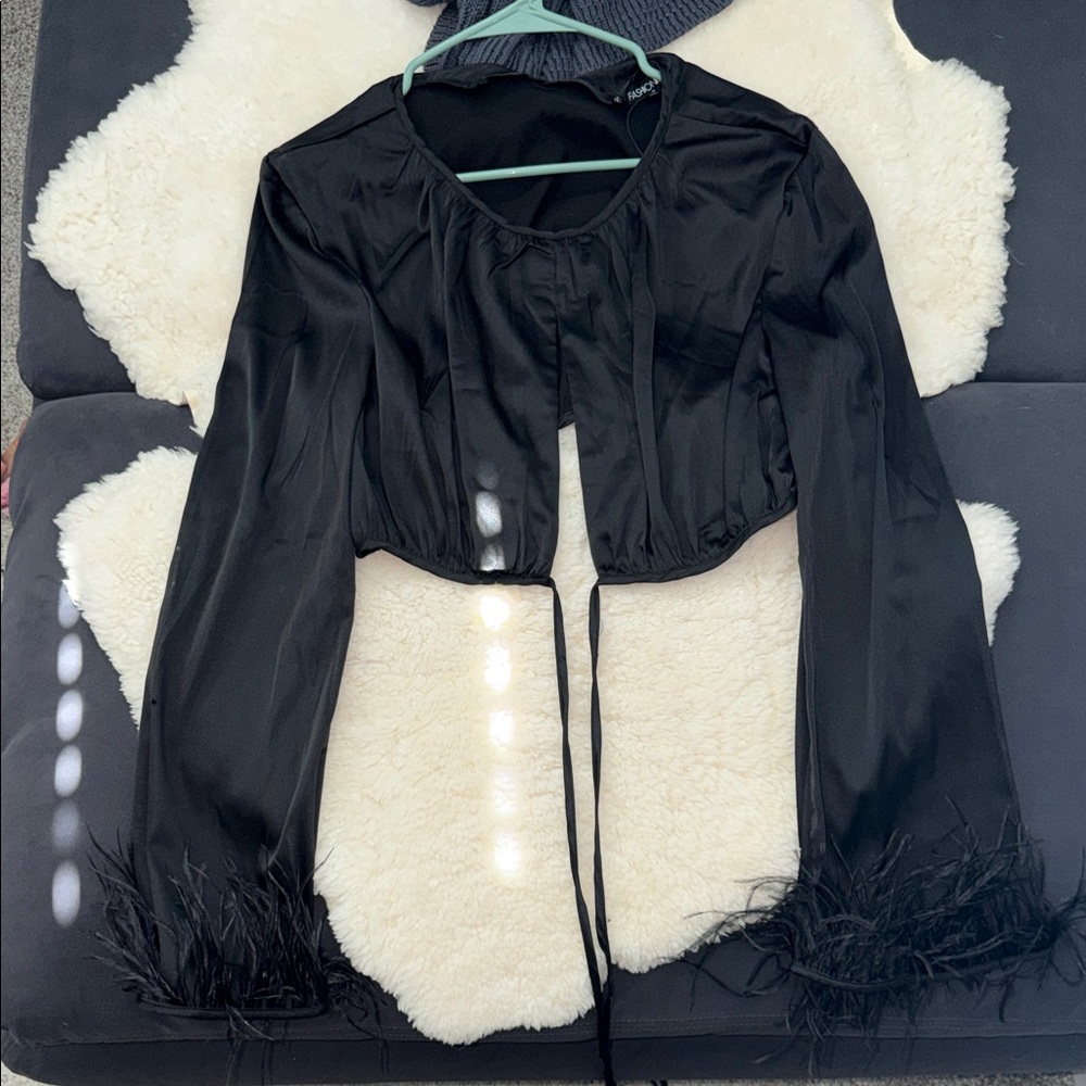 Black Feather Cuff Satin Bolero Top